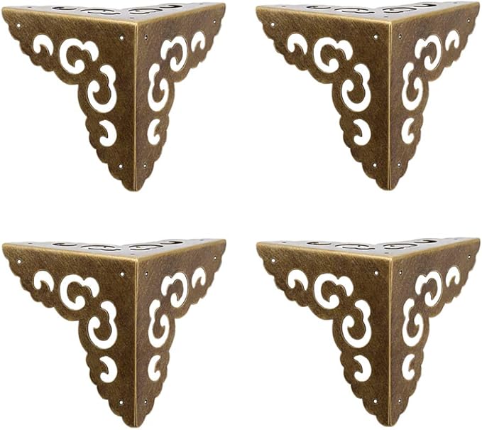4Pcs Vintage Pure Brass Hollow Cloud Pattern Corner Protectors Antique Hardware Desk Edge Wooden Jewelry Gift Box Cabinet Three Sides Full Encase Corner Guard