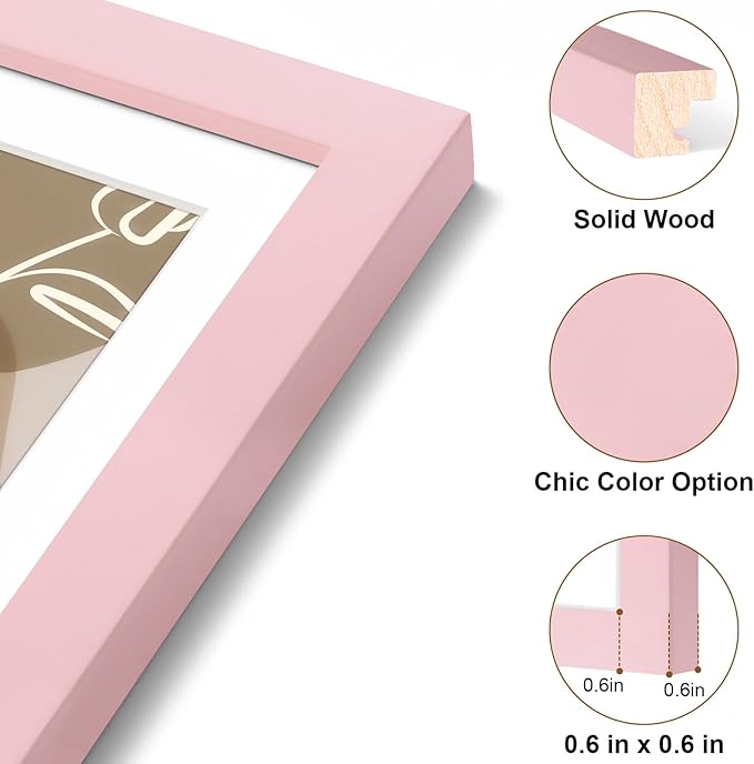 Vittanly 12x16 Picture Frame, Solid Wood Frame with Plexiglass, Includes 8.5x11 Mat, Wall Hanging for Photos, Home Decor, Pale Pink, 1 Pack