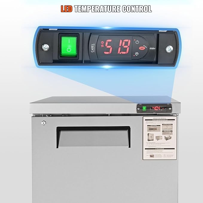 VEVOR 28" W Commercial Refrigerator, Undercounter Worktop Refrigerator, 7.4 Cu. Ft Thick Stainless Steel Refrigerated Food Prep Station Fan Cooling Single Door Worktop Fridge with lock for Bar