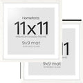 Homeforia 11x11 Picture Frame White, High-End Oak 11 x 11 Square Wooden Frames with Mat 9 by 9 inch Photo, 11by11 Wood Frame Matted to 9x9 Print, Wall Hanging Frame, Tempered Glass, Wall Kit, Set of 2