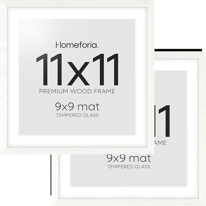 Homeforia 11x11 Picture Frame White, High-End Oak 11 x 11 Square Wooden Frames with Mat 9 by 9 inch Photo, 11by11 Wood Frame Matted to 9x9 Print, Wall Hanging Frame, Tempered Glass, Wall Kit, Set of 2