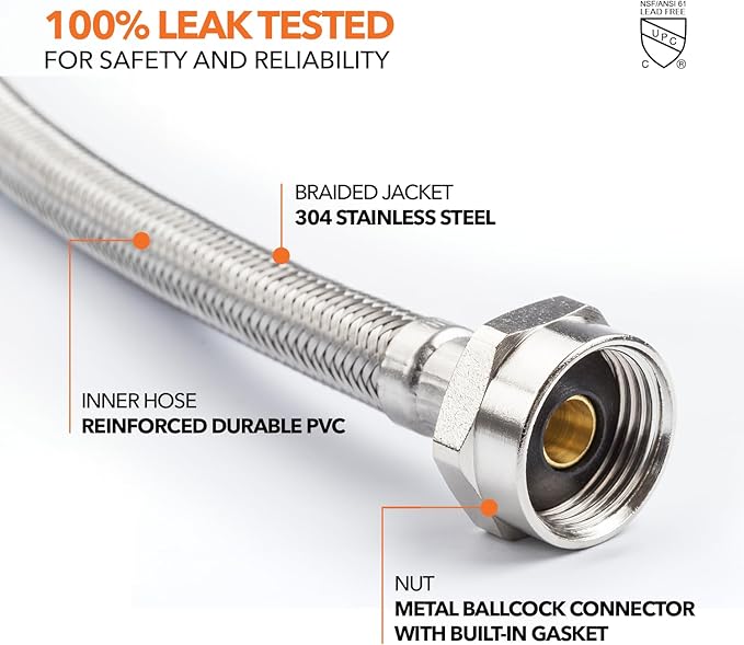 Stainless Steel Braided Water Connectors with Reinforced PVC Inner Hose for Toilets, 3/8" Compression x 7/8" Metal Ballcock, 12" Length (5Pack)