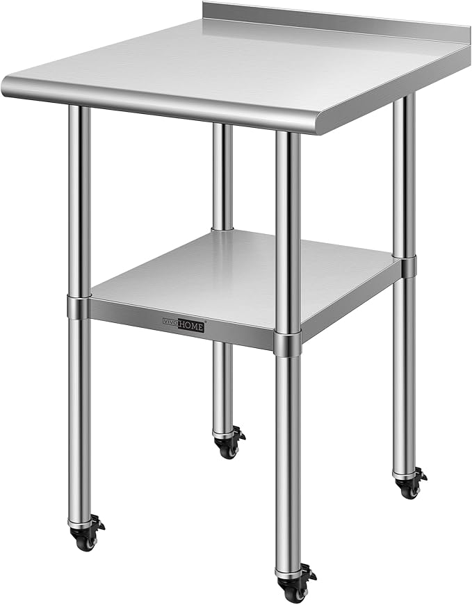 VIVOHOME 24 x 24 Inch Stainless Steel Work Table with Backsplash, Prep Commercial Table with Wheels for Restaurant, Hotel, Home and Warehouse