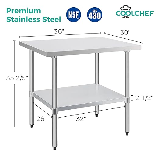 COOLCHEF Stainless Steel Work Table 30 x 36 Inch, NSF Commercial Prep Table with Undershelf, Heavy Duty Food Prep Workstation