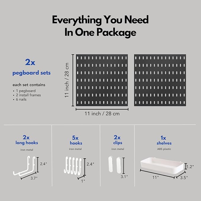 Keepo Pegboard Combination Kit, Pegboards and Accessories Modular Hanging for Wall Organizer, Crafts Organization, Ornaments Display, Nursery Storage, Peg Board (Black, 22″×11″)