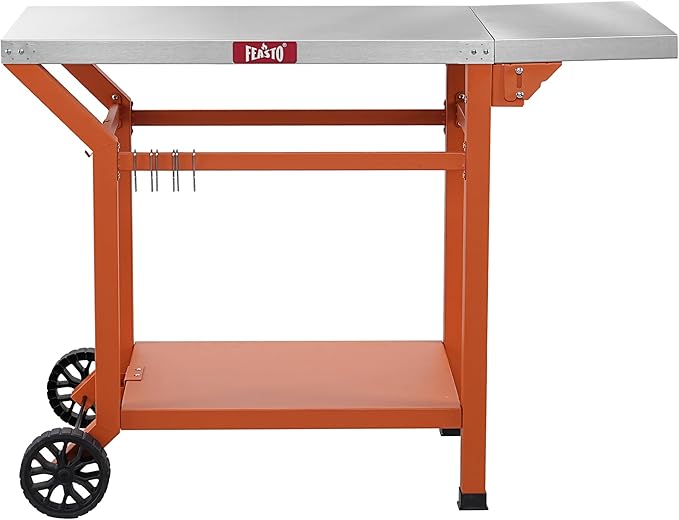 Movable Grill Table with Folding Side Table, Pizza Oven Table as BBQ Food Prep Cart with Undershelf for Outdoor & Indoor Use, 43" L x 20" W Stainless Steel Tabletop, Orange