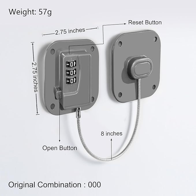 Refrigerator Lock, Heavy Duty Fridge Lock, Combination Lock for Refrigerator Cabinets, Drawers, Safety, Easy Install No Keys Needed (Grey-4Pack)