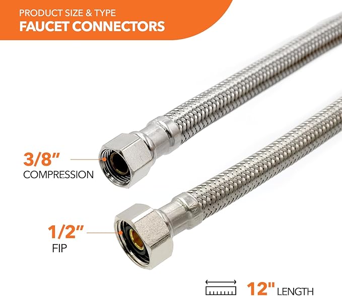 Stainless Steel Braided Water Connectors with Reinforced PVC Inner Hose for Faucets, 3/8" Compression x 1/2" FIP, 12" Length (5Pack)