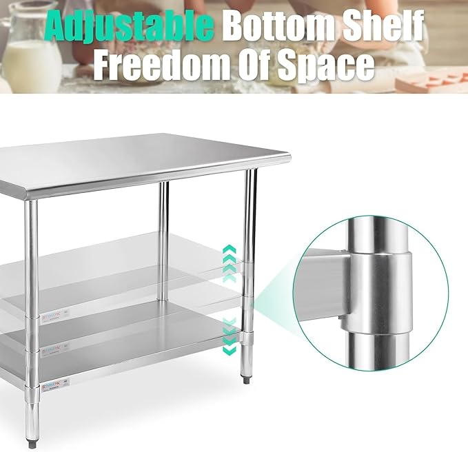STABLEINK NSF Stainless Steel Prep Table 36 x 30 inches 3ft, Metal Work Table with Adjustable Undershelf, for Commercial Kitchen, Restaurant, Hotel and Garage