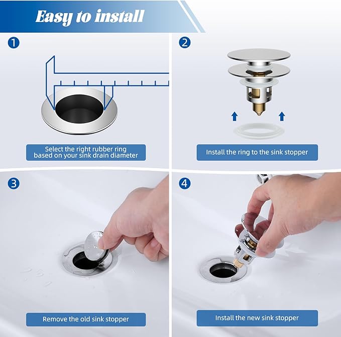 Hibbent All Metal 2 in 1 Bathroom Sink Stopper, Universal Pop Up Drain Strainer, Brass Bullet Core Push Type Sink Stopper for 1.1''~2.3'' Basin, Big Push Button, Anti Clogging Drain Filter, Chrome