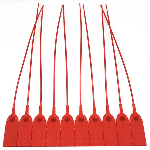 Middle Duty Security Plastic Seal with Metal Insert,Tags for Transportation Security,11 inch Length,Numbered,Red Color Package of 100.