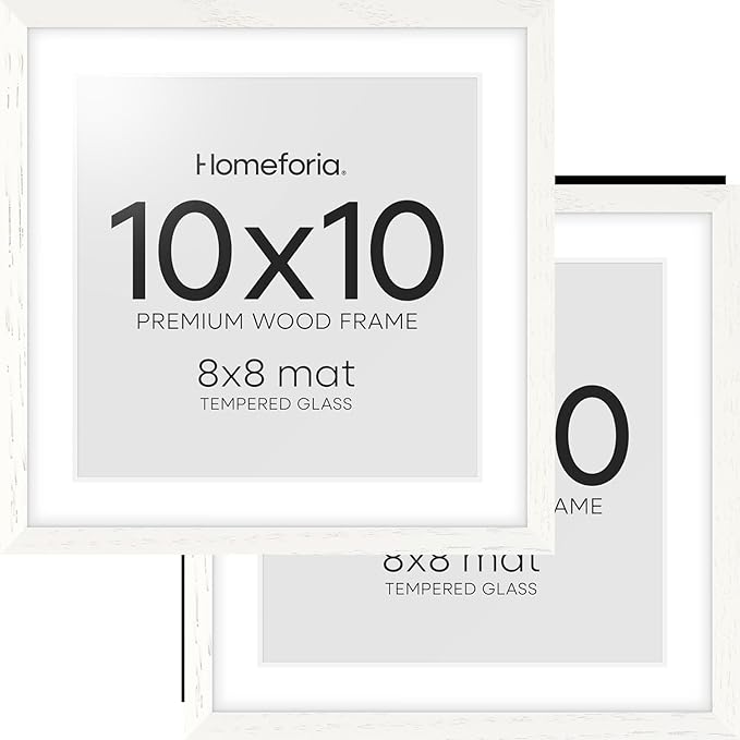 Homeforia 10x10 White Picture Frame, High-End Oak 10 x 10 Square Wooden Frames with Mat 8 by 8 Photo, 10by10 Wood Frame Matted to 8x8 Print, Wall or Tabletop Frames, Tempered Glass, Wall Kit, Set of 2