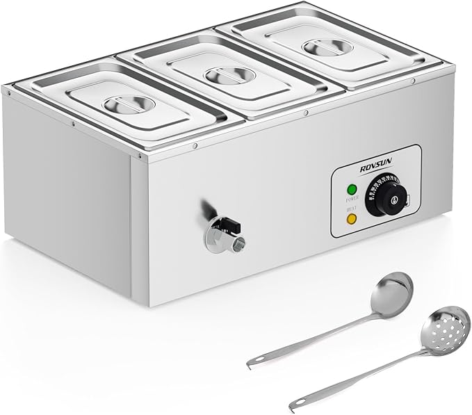 ROVSUN 21QT Electric Commercial Food Warmer, 3-Pan Steam Table 6.9 QT/Pan Stainless Steel Bain Marie Buffet Countertop with Temperature Control & Lid for Parties, Catering, Restaurants 110V
