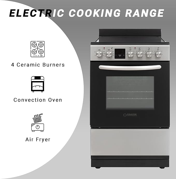 Equator ECR 204 20" Electric Range in STAINLESS – 4 Ceramic Burners, Convection Oven & Air Fry Function, Compact Freestanding Electric Stove for Apartments, Condos & Tiny Kitchens