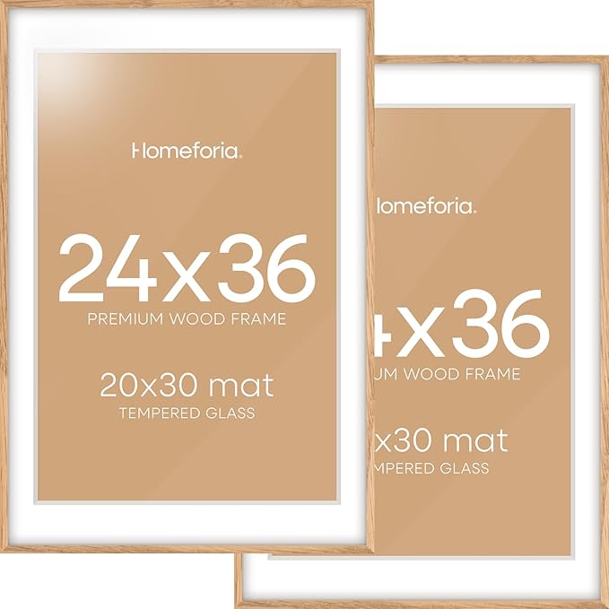 Homeforia 24x36 Poster Frame Wood, High End Natural Oak 24 x 36 Large Picture Frame with Mat 20 by 30, 24x36 Light Wooden Frames Matted to 20x30 Photo, 36x24 Frames, Tempered Glass, Wall Kit, Set of 2