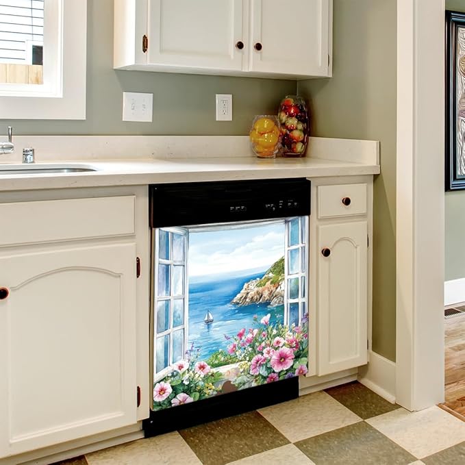 Dishwasher Magnet Cover Flower Ocean Beautiful Dishwasher Decorative Cover Front Dishwasher Door Cover Reuseable Dishwasher Cover Panel Decal for Kitchen Refrigerator Home Appliances 23" X 26"