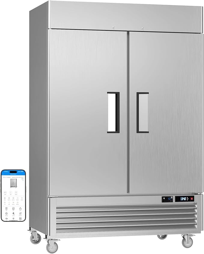 VEECOOL 54.4" W Commercial Refrigerator WiFi Enabled Stainless Steel 2 Door Reach in Fridge with Smart App Control, 49 Cu.Ft Fan Cooling Upright Fridge for Restaurant Bar Cafe Garage