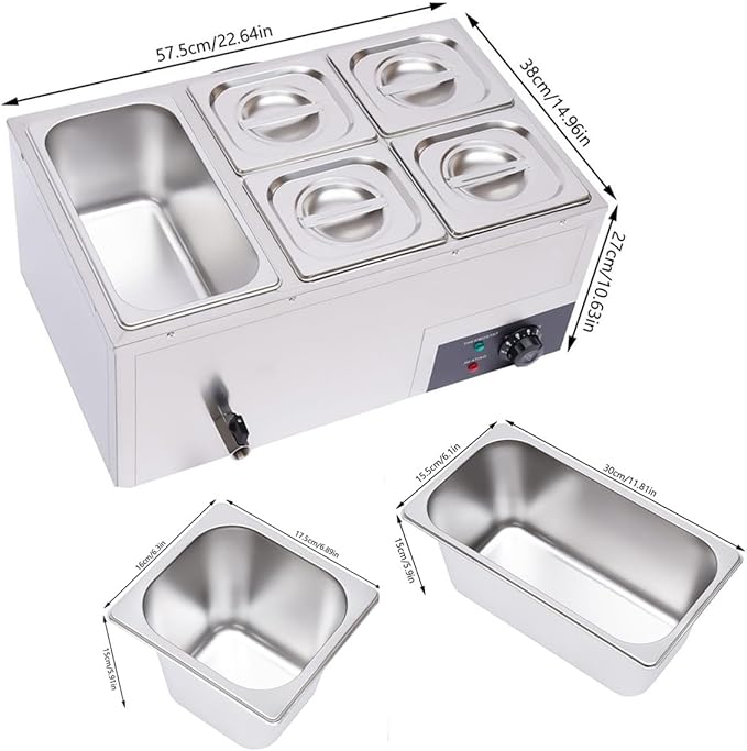 Electric Bain Marie, 600W 5-Pan Commercial Portable Steam Table Food Warmer, 20Qt Stainless Steel Canteen Buffet Warmer Electric Food Warmers and Servers for Parties, Buffets, Hotels