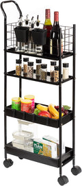 danpinera 4 Tier Slim Cart with Wheels, 7.7’’ Metal Skinny Rolling Storage Cart on Wheels for Kitchen, Bedroom, Office, Laundry Room, Small Narrow Spaces with Hooks and Cups, Black
