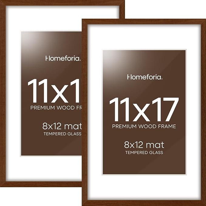 Homeforia 11x17 Brown Picture Frame, High End Dark Oak 11x17 Poster Wood Frame with Mat 8x12 Print, 11 x 17 Wooden Walnut Frame Matted to 8 x 12 Photo, 17x11 Frames, Tempered Glass, Wall Kit, Set of 2