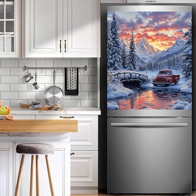 Winter Mountain Landscape with Red Truck Magnetic Dishwasher Cover Vinyl Sticker,Pine Trees Dishwasher Magnet Cover,Fridge Door Cover Magnets Art Skin Panel Decal for Home Decor, 23"X26"