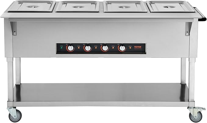 VEVOR Commercial Food Warmer, 2000W Electric Steam Table with 4 x 20.6QT Pans, Versatile Food-Grade Stainless Steel Server with Countertop & Shelf, Movable Buffet Catering Warmer for Party Restaurant