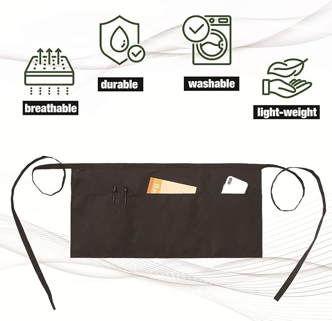 NOBONDO 12 Pack Waitress Aprons with 3 Pockets - White Waist Aprons for Women Men Commercial Waiter Half Apron with Extra Long Straps Reinforced Seams for Restaurant Server Work
