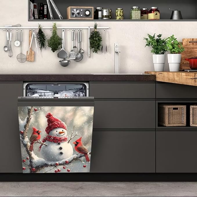 Christmas Snowman Dishwasher Magnetic Cover Front Door Stickers Cardinal Bird Dishwasher Magnet Covers Kitchen Fridge Decals Xmas Decoration Kitchen Cabinet Sticker, Magnetic 23" x 26"