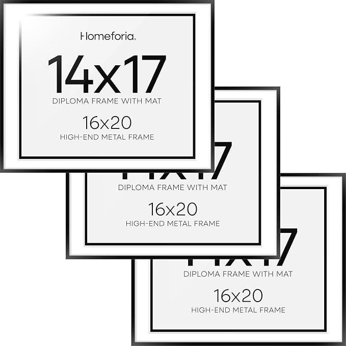 Homeforia Diploma Frame 16x20 Black, High End Metal 16 x 20 Black Certificate Frames with Mat 14 x 17, 20x16 Document Frame Matted to 14x17, Award Graduation Frames, Tempered Glass, Wall Kit, Set of 3