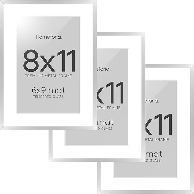 Homeforia Silver 8x11 Picture Frame, High End Metal 8 x 11 Poster Frames with Mat 6 by 9 for Photo, 11x8 Frame Matted to 6x9 inch Art, 8by11 Wall or Tabletop Frames, Tempered Glass, Wall Kit, Set of 3