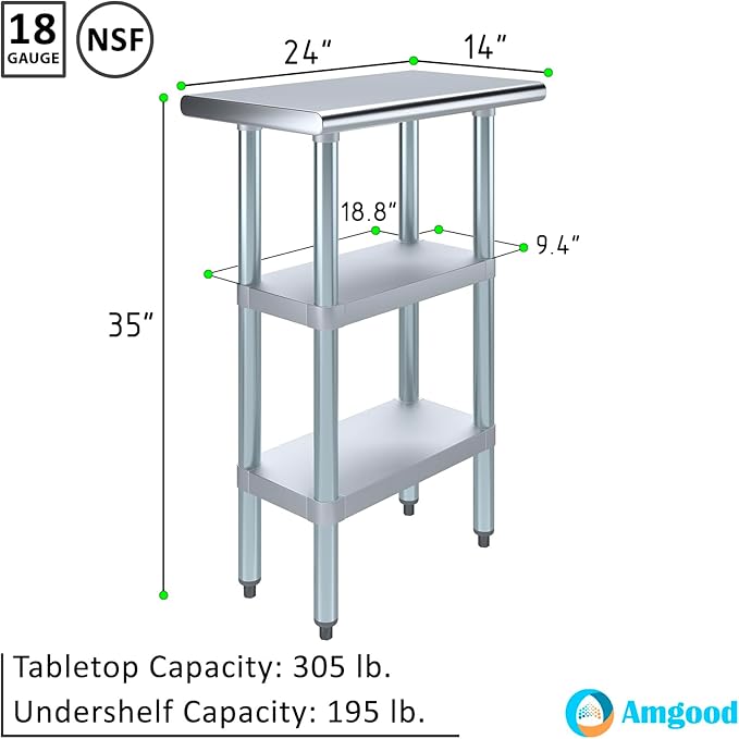 AmGood Stainless Steel Work Table with 2 Shelves | NSF | Metal Utility Table (24" Long x 14" Deep)