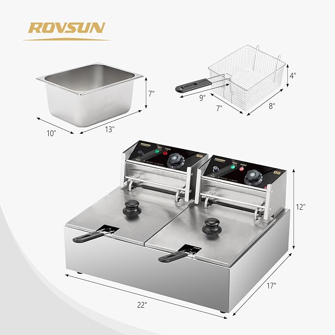 ROVSUN 22.8QT/21.6L Electric Deep Fryer, Commercial Deep Fryer with Baskets Lids Countertop, Stainless Steel Dual Tank Kitchen Fat Fryer Frying Machine for French Fries Donuts, Adjustable Temp, 3400W