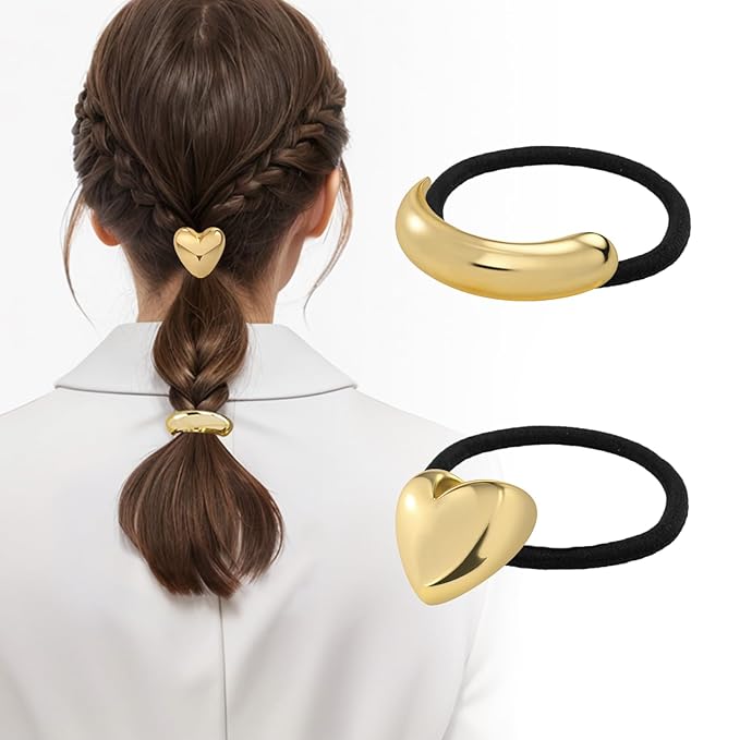 2PCS Metal Hair Tie For Women,Gold Cuffs,Metal Geometric Gold Hair Ties, Hair Accessories Stretchy and Non-Damage Ponytail Holders,Ponytail Cuff Hair Bands For Hair Styling (SET3)