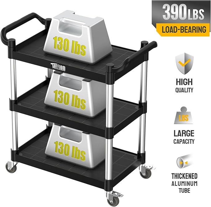 3-Tier Commercial Utility Cart with Wheels, Heavy Duty Rolling Plastic Service Cart, 390 lbs Capacity for Foodservice, Restaurant, Cleaning, Workplace (33.8'' x 16.5'' x 35.8'')