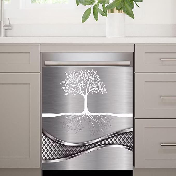 Stainless Steel Design Tree Painting Magnet Dishwasher Cover Sticker,Kitchen Decor Refrigerator Magnets Decorative Fridge Magnetic Decal Vinyl Panel 23Wx26H inch