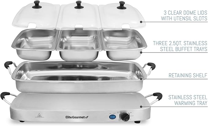 Elite Gourmet EWM-9933 Triple 3 x 2.5 Quart Trays Buffet Server 7.5 Qt Oven Safe Pan Food Warmer, Temperature Control, Clear Slotted Lids, Perfect for Parties, Entertaining & Holidays, Stainless Steel
