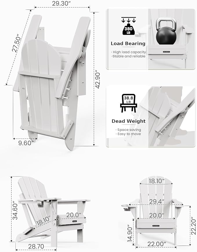MUCHENGHY Folding Adirondack Chairs 6 Pack, Patio Chairs, Lawn Chairs, Outdoor Chairs, Adirondack Chair Plastic, Fire Pit Chairs, Weather Resistant with Cup Holder for Deck, Backyard, Garden(White)