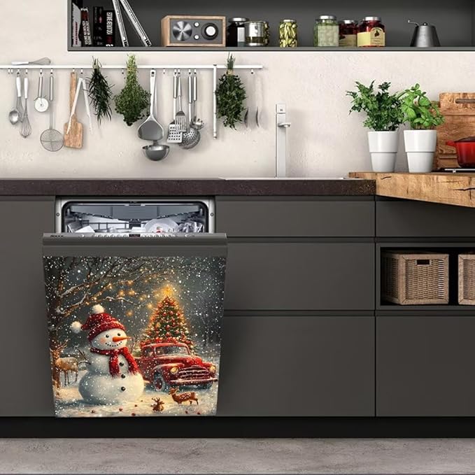 Christmas Snowman Dishwasher Magnet Cover, Winter Deer Dishwasher Cover Panel Decal for Front, Red Truck Magnetic Refrigerator Magnets Holiday Decor Kitchen Appliance Sticker, 26"x26"