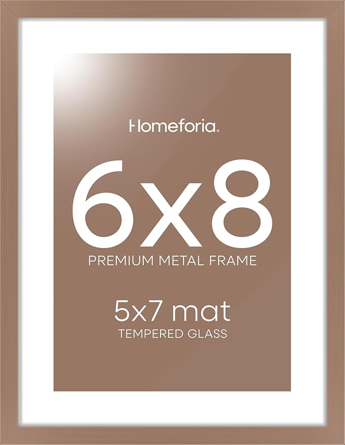 Homeforia 6x8 Picture Frame Mocha, High End Metal 6 x 8 Mocha Frames with Mat 5 x 7 for Art, 8x6 Desk Frame Matted to 5x7 inch Photo, 6 by 8 Wall or Tabletop Frames, Tempered Glass, Wall Kit, Set of 1