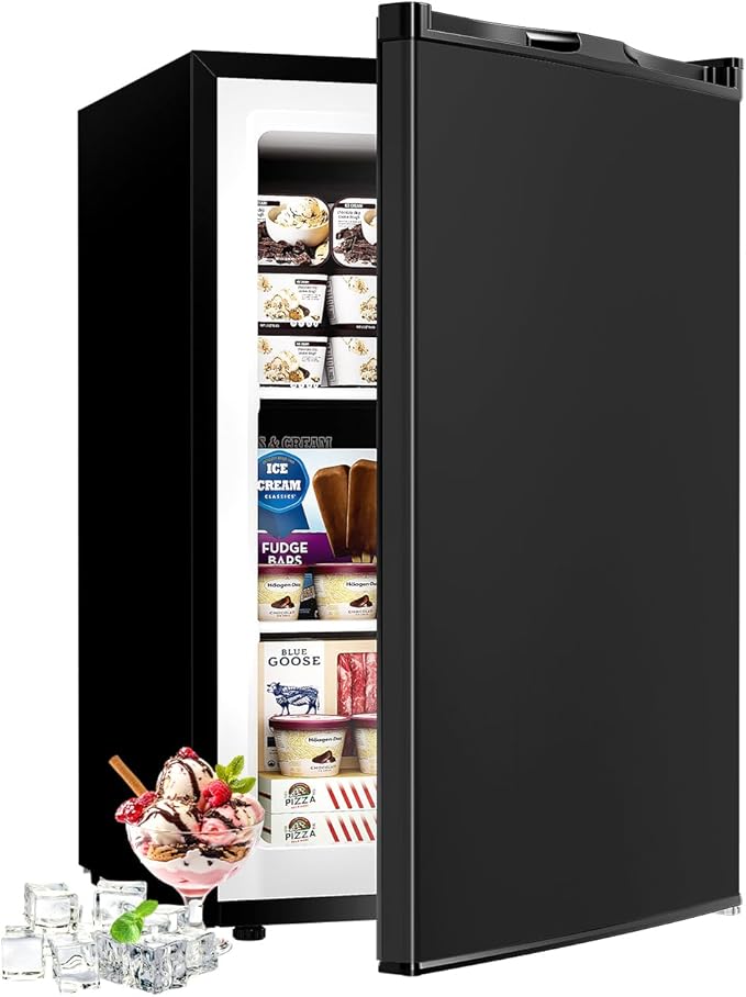 3.0 Cu.ft Upright Freezer - Compact Mini Freezer with 7 Adjustable Thermostat, Removable Shelves, Reversible Single Door, 360°Uniform Cooling Small freezer for Home Office Kitchen Dorm, Black