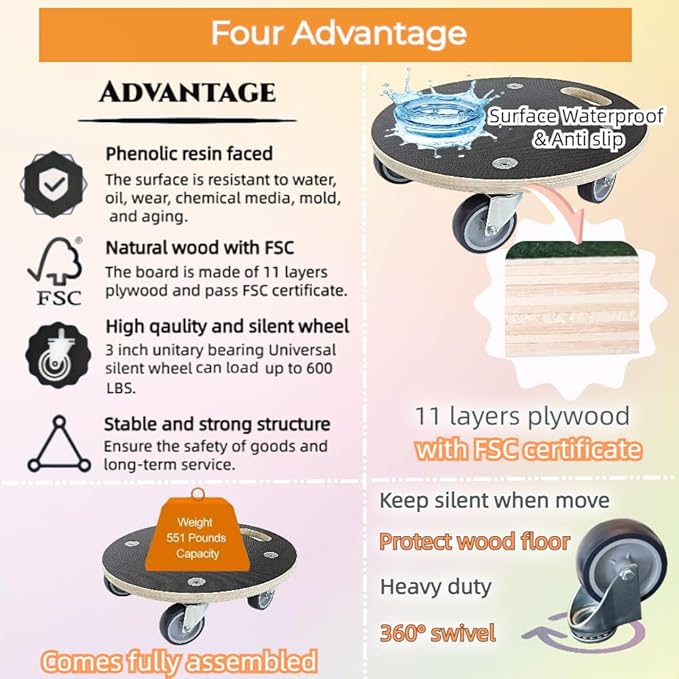Furniture Moving Dollies,Wooden Movers with 4 Silent Wheels, 15 Inch, Holds 1102 Lbs per 2 Sets，Heavy Duty Dolly for Piano, Couch, Fridge, Washer, Plant，Easy Transportation of Heavy Items