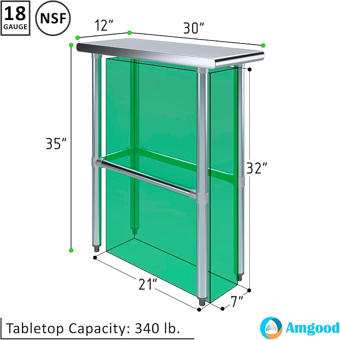 AmGood Stainless Steel Work Table Open Base | NSF Kitchen Island Food Prep | Laundry Garage Utility Bench (12" Long X 30" Deep)