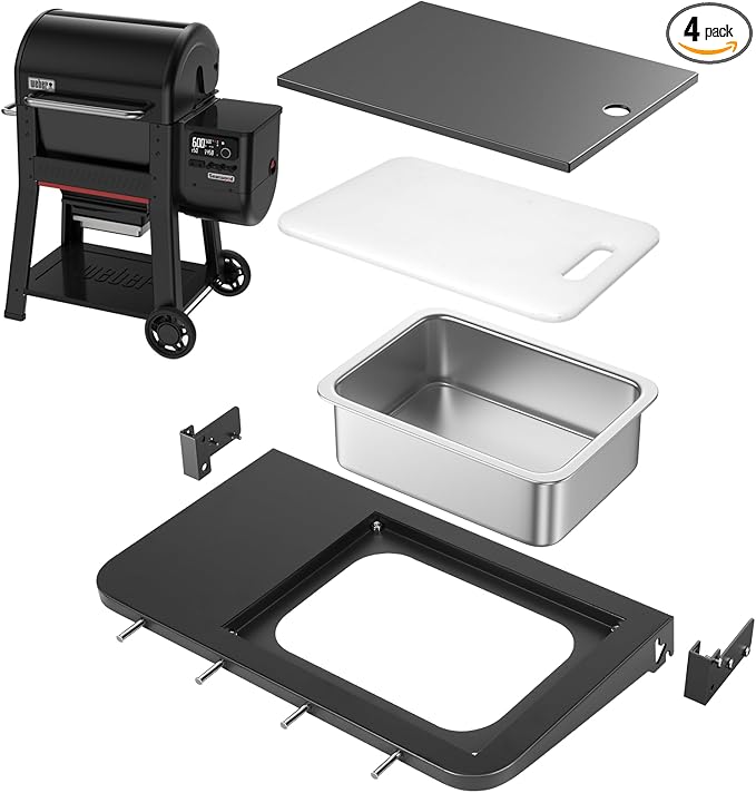 Utheer Front Folding Grill Table for Weber Searwood 600 – 23" x 12.5" Large Front Shelf with Stainless Steel Basin, Works Cutting Board, Lid & 5 Hooks, Heavy-Duty Weber Searwood 600 Accessories