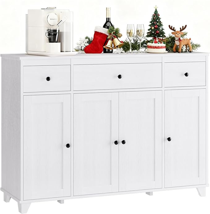 HIFIT Buffet Cabinet White Sideboard Storage Cabinet with 3 Drawers & 4 Doors Adjustable Shelves, 47” Modern Coffee Bar Cabinet, Wood Accent Cabinet for Kitchen Cupboard Dining Living Room