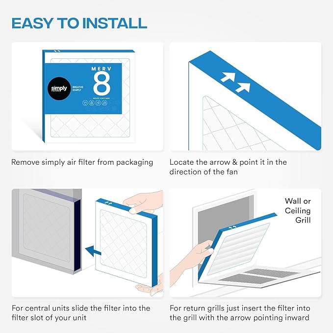 Simply 19x20x1 Air Filter, Merv 8, 6 Pack, For Home AC Furnace & HVAC (Actual Size: 18.75"x19.75"x0.75") DUST, Pet, & Allergy Control