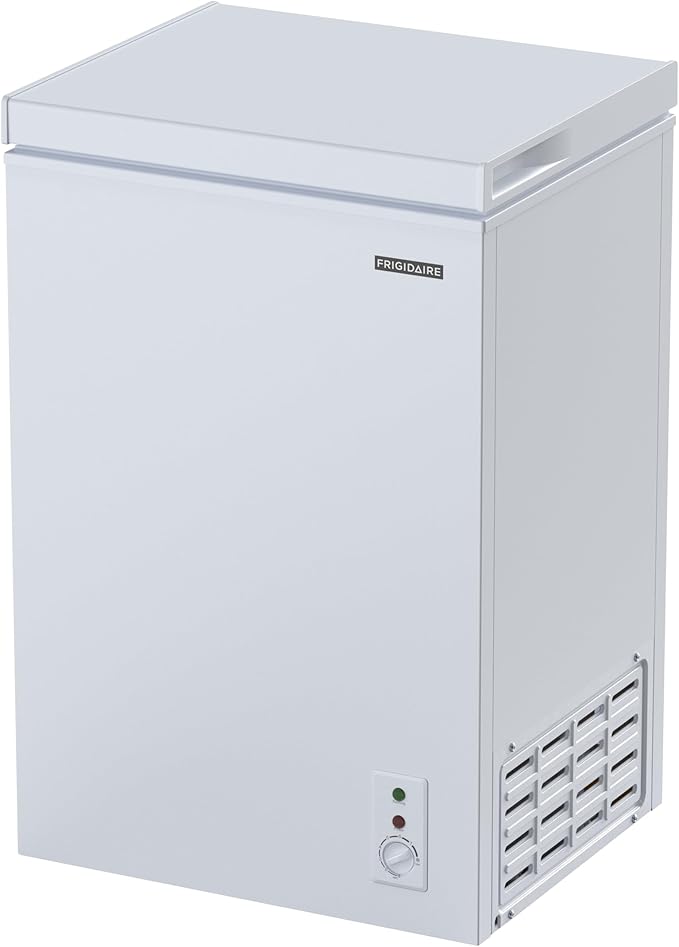 FRIGIDAIRE EFRF3005-AMZ Chest Deep Freezer-Garage-Ready, 3.5 Cu. Ft. Capacity, White-Adjustable Thermostat-Removable Vinyl Coated Wire Basket-Easy Defrost Drain