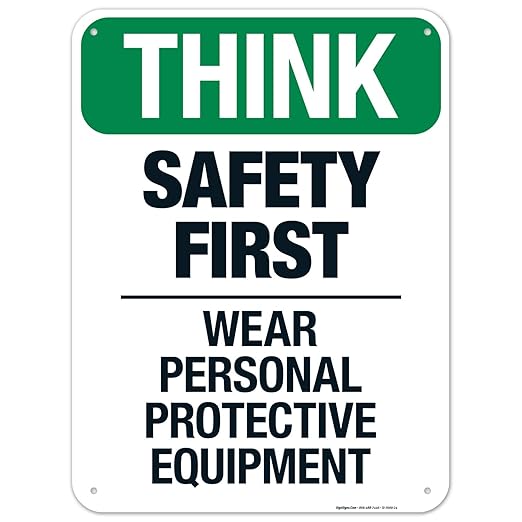 Think Safety First Wear Personal Protective Equipment Sign, 18x24 Inches, 55 mil Thick HDPS (high Density polystyrene), Made in USA