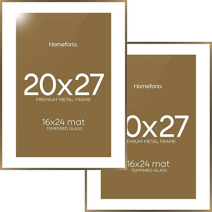 Homeforia 20x27 Picture Frame Bronze, High End Metal 20x27 Brass Poster Frames with Mat 16x24 Photo, 20 x 27 Frame Matted to 16 by 24 inch Print, 27by20 Thin Frames, Tempered Glass, Wall Kit, Set of 2