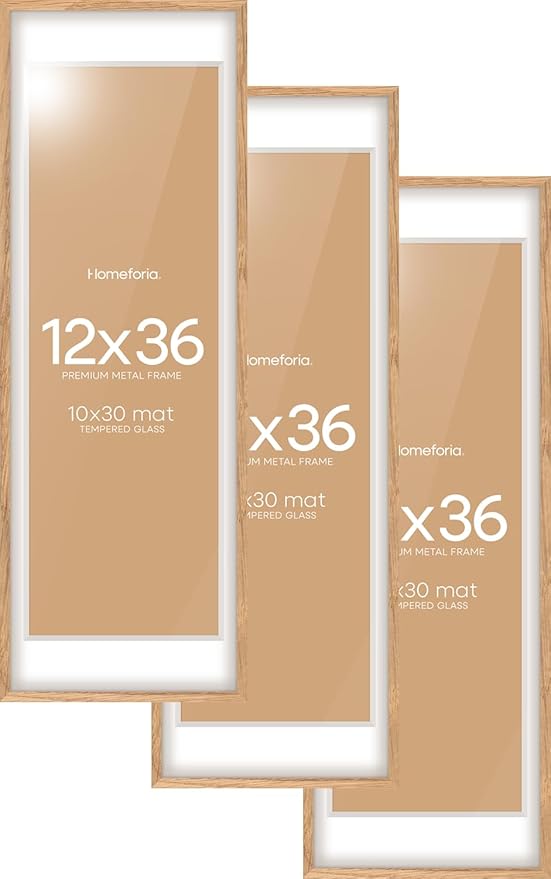 Homeforia 12x36 Wood Frame, High End Natural Oak 12x36 Light Wooden Picture Frame with Mat 10x30, 12 x 36 Poster Frames Matted to 10 by 30 Art, 36x12 Hanging Frames, Tempered Glass, Wall Kit, Set of 3