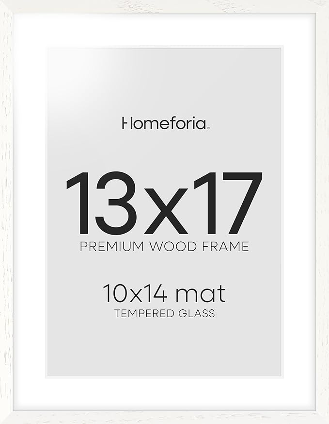 Homeforia 13x17 White Picture Frame, High End Oak 13x17 White Wooden Poster Frames with Mat 10x14 for Print, 13 x 17 Wood Frame Matted to 10 x 14 Photo, 17x13 Frame, Tempered Glass, Wall Kit, Set of 1